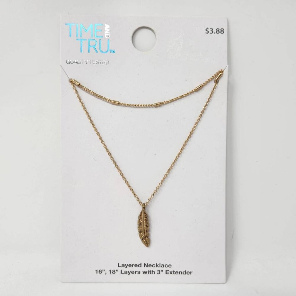 Time And Tru Layered Necklace 16" 18" Layers With 3" Extender Gold Feather Penda